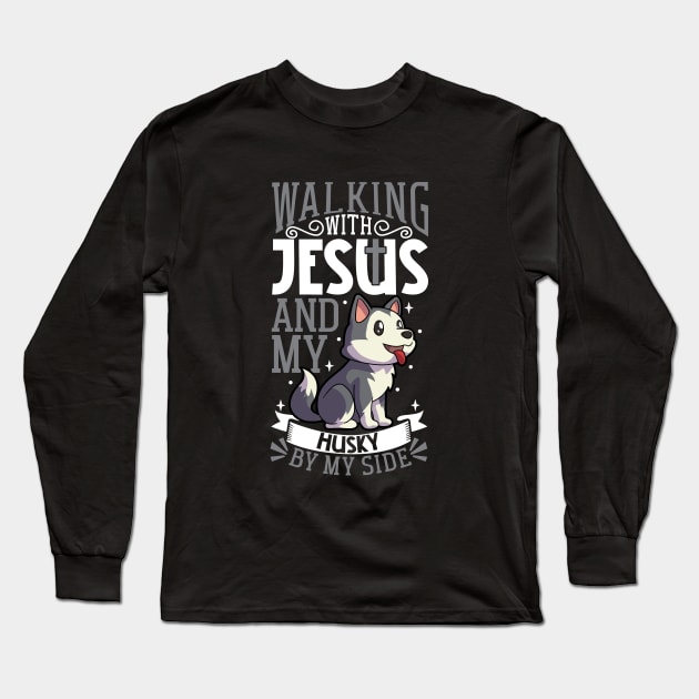 Jesus and dog - Siberian Husky Long Sleeve T-Shirt by Modern Medieval Design